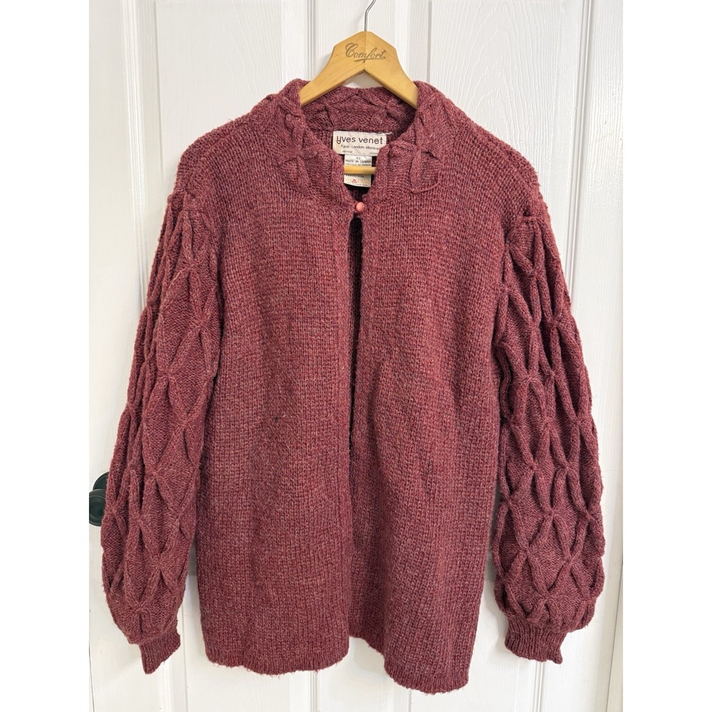 VTG Yves Venet Designer Diamond Cable Knit Cardigan Maroon 70s-80s Granny SZ 42